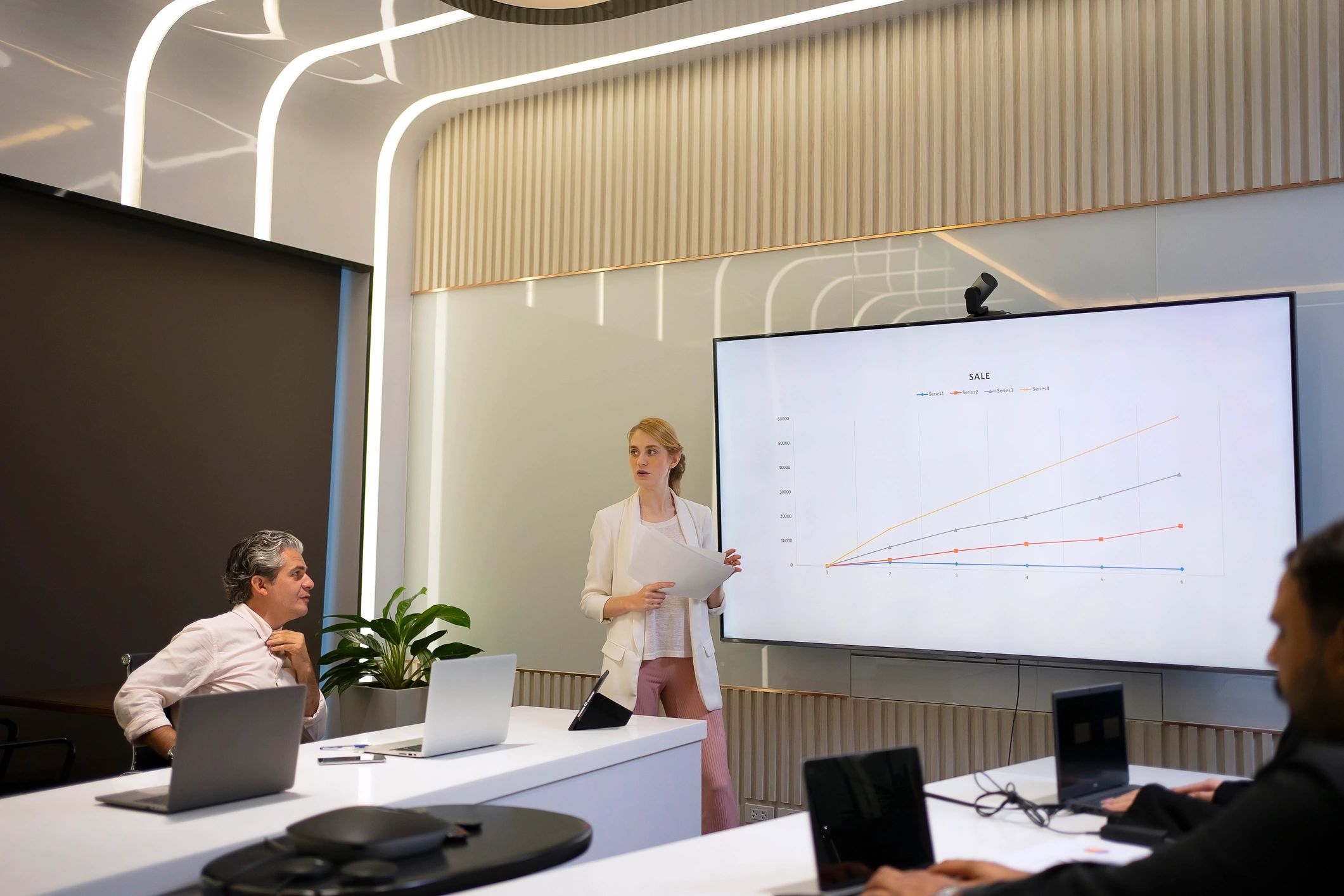 Corporate research team meeting in a professional office